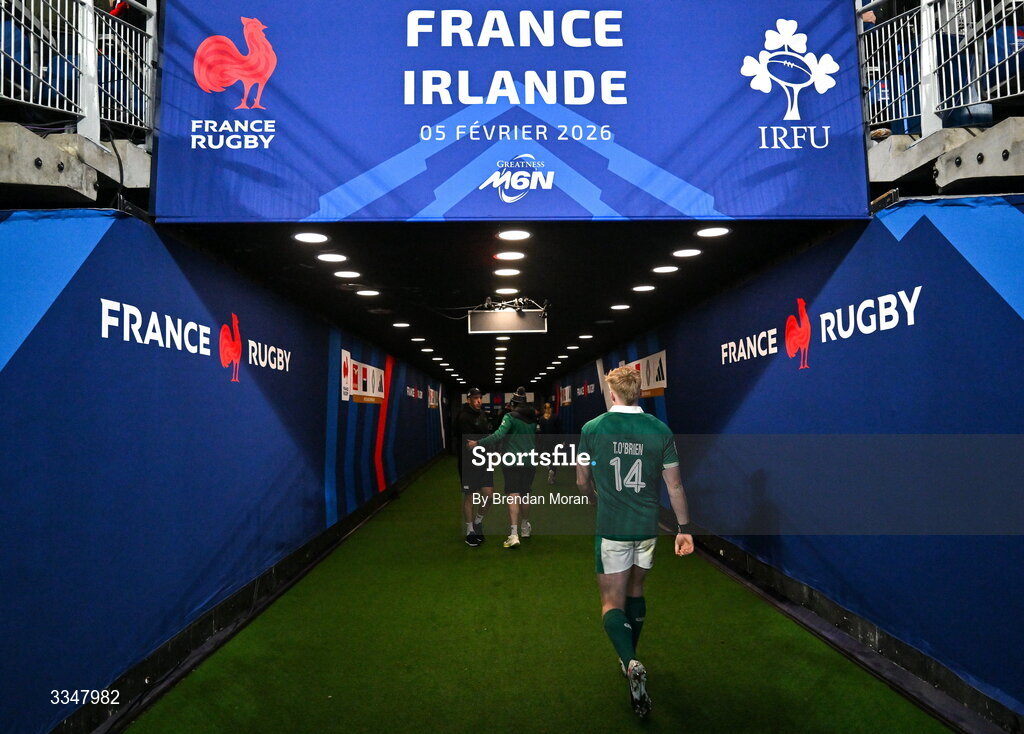 5 February 2026; Tommy O'Brien of Ireland walks down the tunnel after the Guinness 6 Nations Rugby Championship match between France and Ireland at Stade de France in Paris, France. Photo by Brendan Moran/Sportsfile