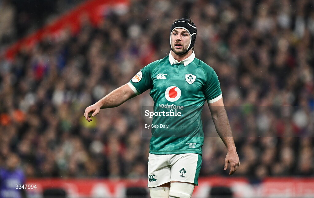 5 February 2026; Caelan Doris of Ireland during the Guinness 6 Nations Rugby Championship match between France and Ireland at Stade de France in Paris, France. Photo by Seb Daly/Sportsfile
