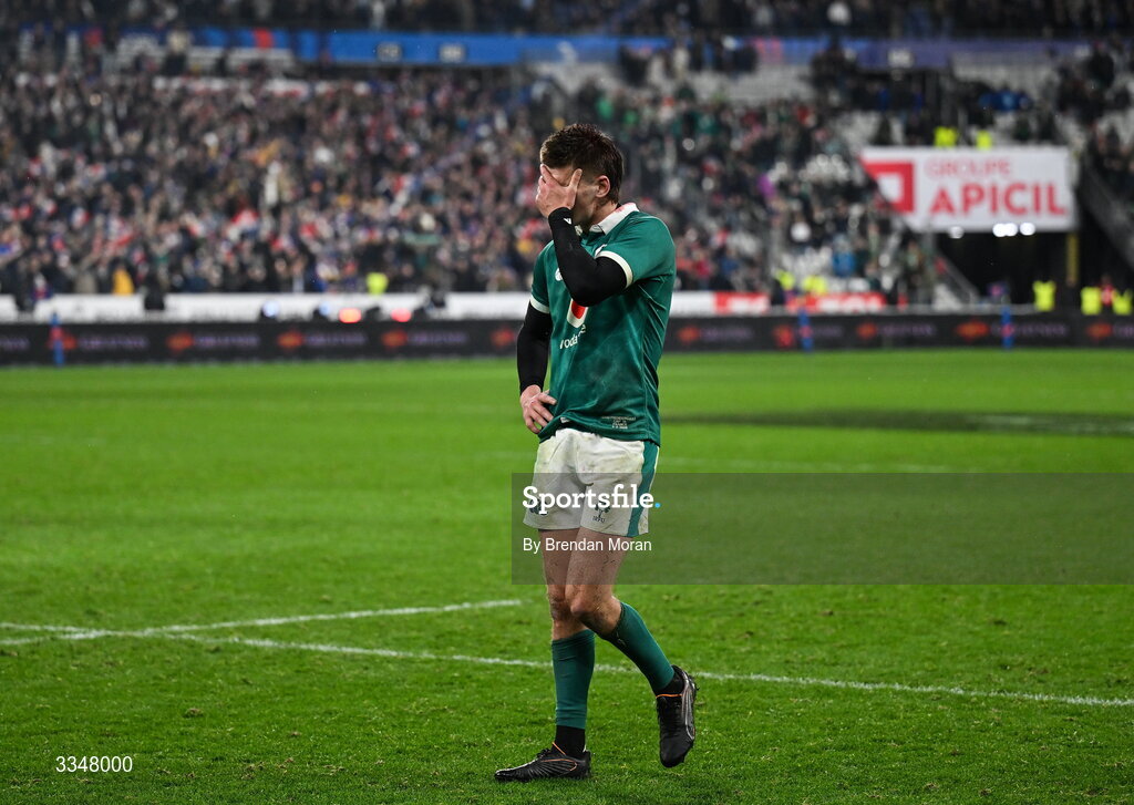 5 February 2026; Sam Prendergast of Ireland after the Guinness 6 Nations Rugby Championship match between France and Ireland at Stade de France in Paris, France. Photo by Brendan Moran/Sportsfile
