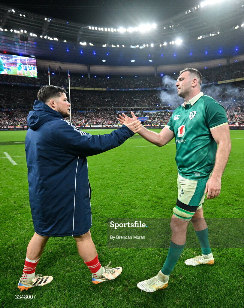 5 February 2026; Tadhg Beirne of Ireland with Julien Marchand of France after the Guinness 6 Nations Rugby Championship match between France and Ireland at Stade de France in Paris, France. Photo by Brendan Moran/Sportsfile