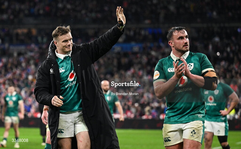 5 February 2026; Ireland players Josh van der Flier, left, and Rónan Kelleher after the Guinness 6 Nations Rugby Championship match between France and Ireland at Stade de France in Paris, France. Photo by Brendan Moran/Sportsfile