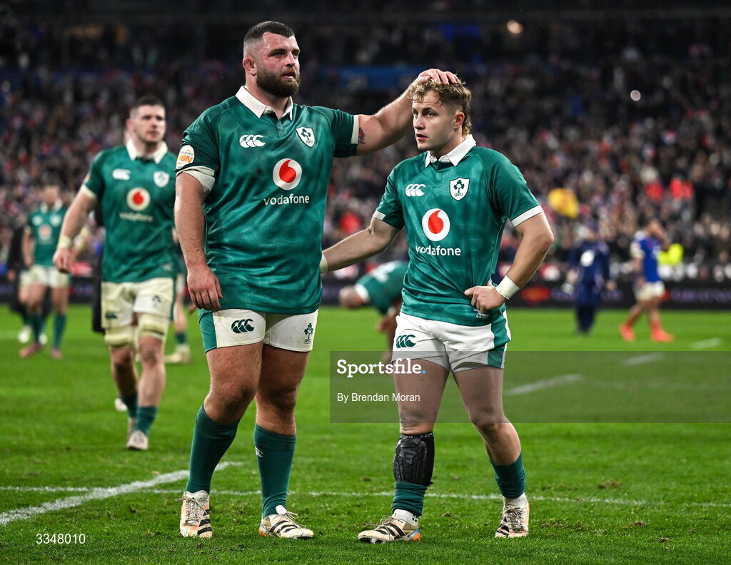 5 February 2026; Ireland players Michael Milne, left, and Craig Casey after the Guinness 6 Nations Rugby Championship match between France and Ireland at Stade de France in Paris, France. Photo by Brendan Moran/Sportsfile