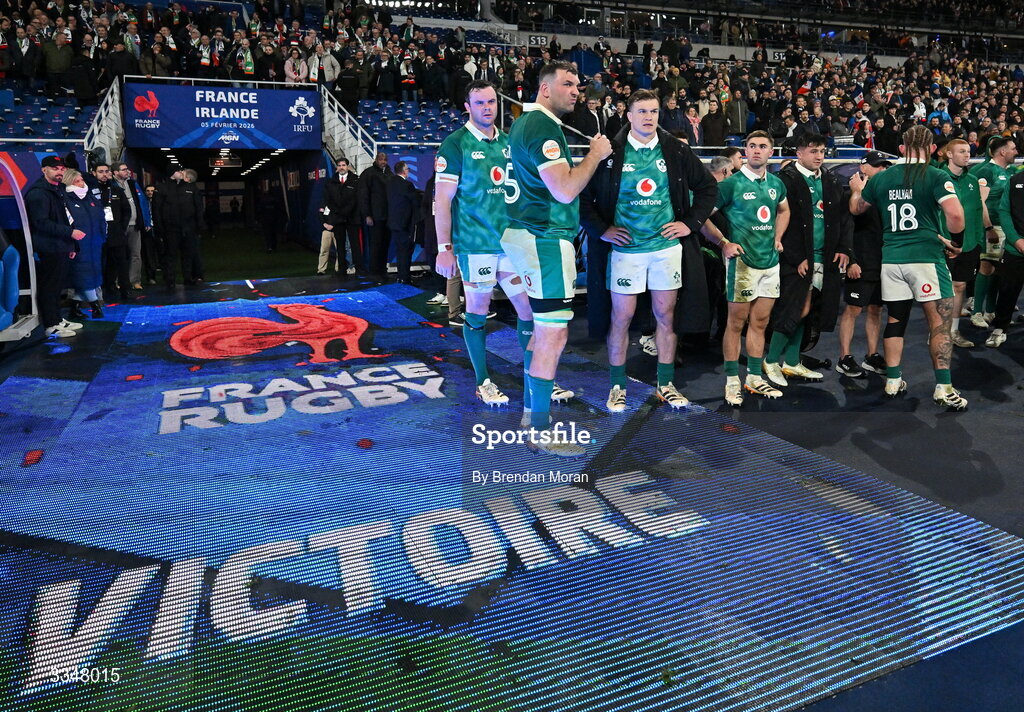 5 February 2026; Ireland players, from left, James Ryan, Tadhg Beirne, Josh van der Flier, Jack Crowley after the Guinness 6 Nations Rugby Championship match between France and Ireland at Stade de France in Paris, France. Photo by Brendan Moran/Sportsfile
