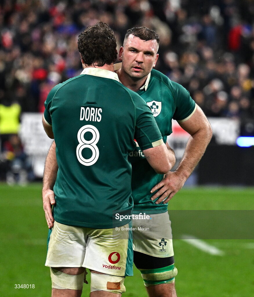 5 February 2026; Caelan Doris, left, and Tadhg Beirne of Ireland after the Guinness 6 Nations Rugby Championship match between France and Ireland at Stade de France in Paris, France. Photo by Brendan Moran/Sportsfile