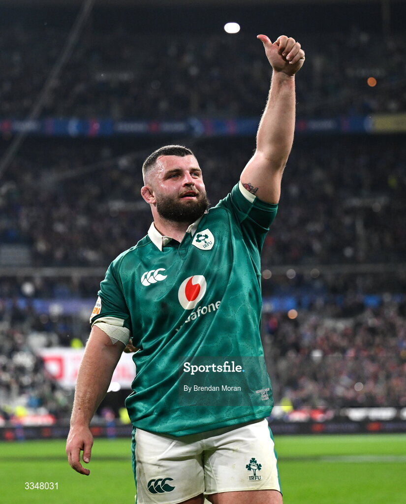 5 February 2026; Michael Milne of Ireland acknowledges family after the Guinness 6 Nations Rugby Championship match between France and Ireland at Stade de France in Paris, France. Photo by Brendan Moran/Sportsfile