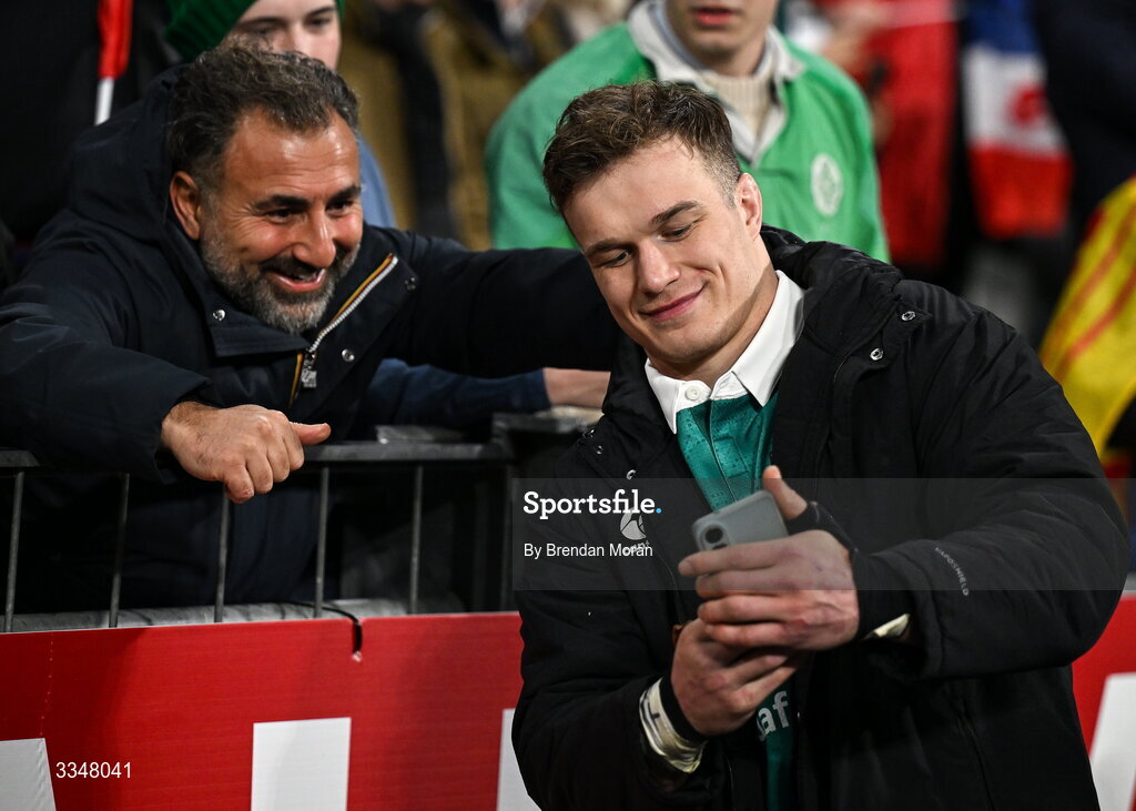 5 February 2026; Josh van der Flier of Ireland with supporters after the Guinness 6 Nations Rugby Championship match between France and Ireland at Stade de France in Paris, France. Photo by Brendan Moran/Sportsfile
