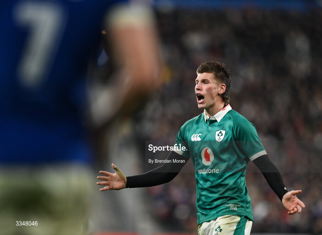 5 February 2026; Sam Prendergast of Ireland during the Guinness 6 Nations Rugby Championship match between France and Ireland at Stade de France in Paris, France. Photo by Brendan Moran/Sportsfile