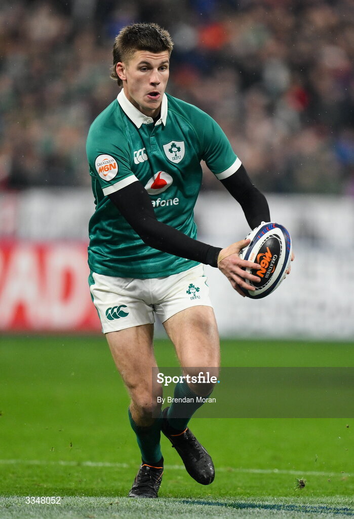 5 February 2026; Sam Prendergast of Ireland during the Guinness 6 Nations Rugby Championship match between France and Ireland at Stade de France in Paris, France. Photo by Brendan Moran/Sportsfile
