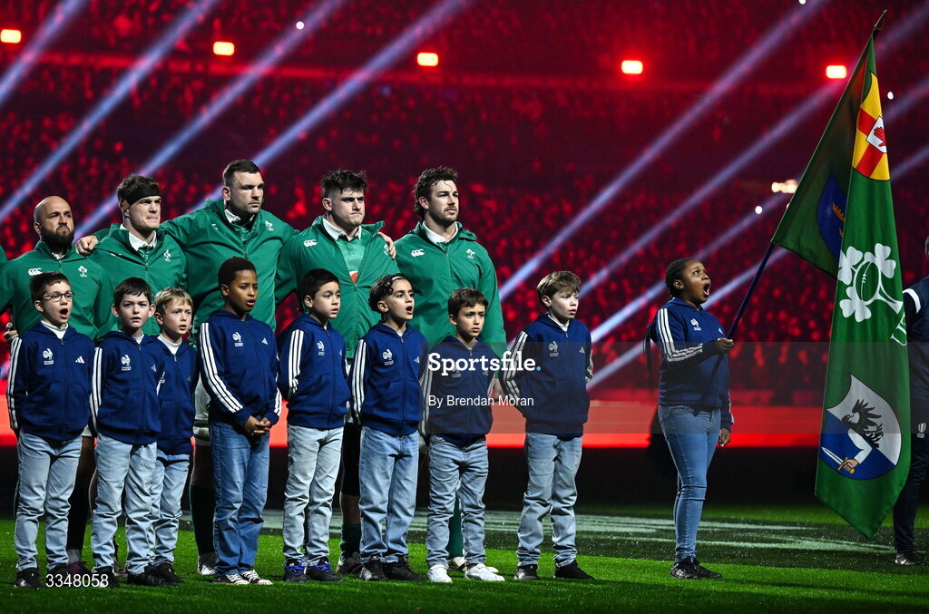 5 February 2026; Ireland captain Caelan Doris, right, and teammates during the anthems before the Guinness 6 Nations Rugby Championship match between France and Ireland at Stade de France in Paris, France. Photo by Brendan Moran/Sportsfile