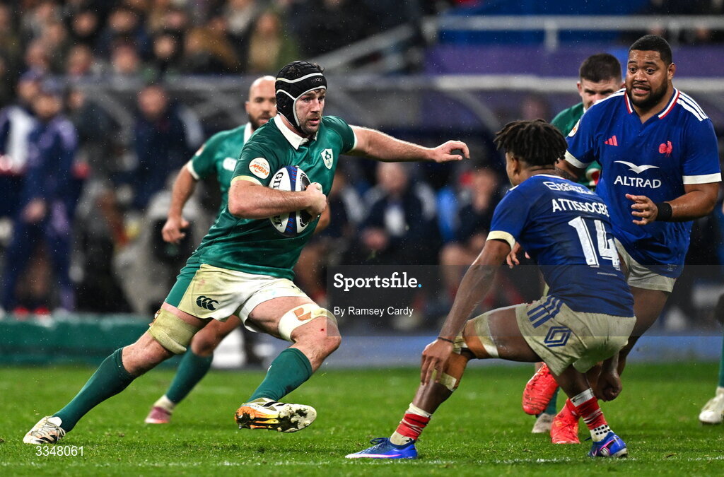 5 February 2026; Caelan Doris of Ireland in action against Théo Attissogbe of France during the Guinness 6 Nations Rugby Championship match between France and Ireland at Stade de France in Paris, France. Photo by Ramsey Cardy/Sportsfile