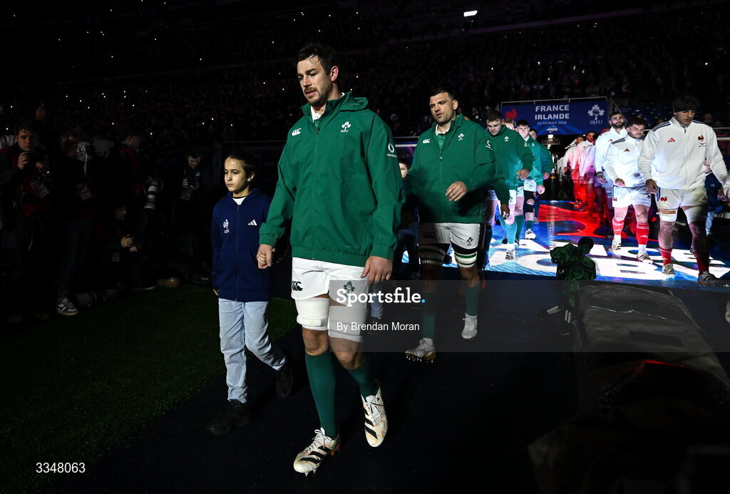 5 February 2026; Ireland captain Caelan Doris leads his side out before the Guinness 6 Nations Rugby Championship match between France and Ireland at Stade de France in Paris, France. Photo by Brendan Moran/Sportsfile