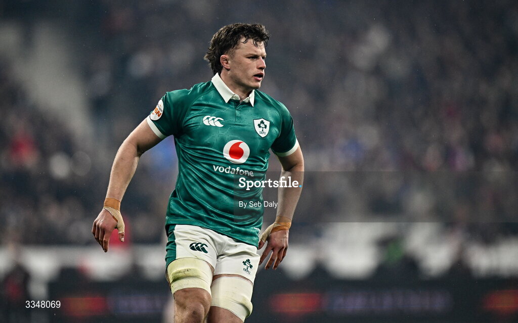 5 February 2026; Cian Prendergast of Ireland during the Guinness 6 Nations Rugby Championship match between France and Ireland at Stade de France in Paris, France. Photo by Seb Daly/Sportsfile