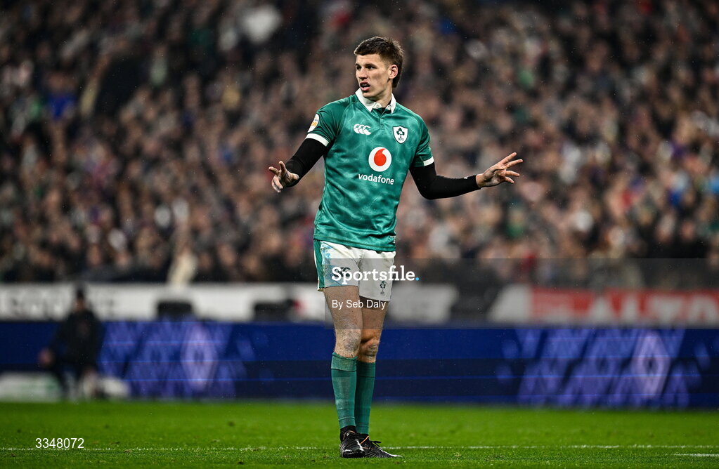 5 February 2026; Sam Prendergast of Ireland during the Guinness 6 Nations Rugby Championship match between France and Ireland at Stade de France in Paris, France. Photo by Seb Daly/Sportsfile