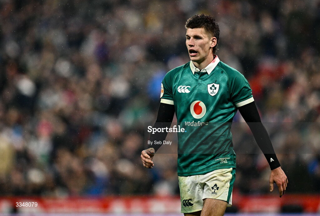5 February 2026; Sam Prendergast of Ireland during the Guinness 6 Nations Rugby Championship match between France and Ireland at Stade de France in Paris, France. Photo by Seb Daly/Sportsfile