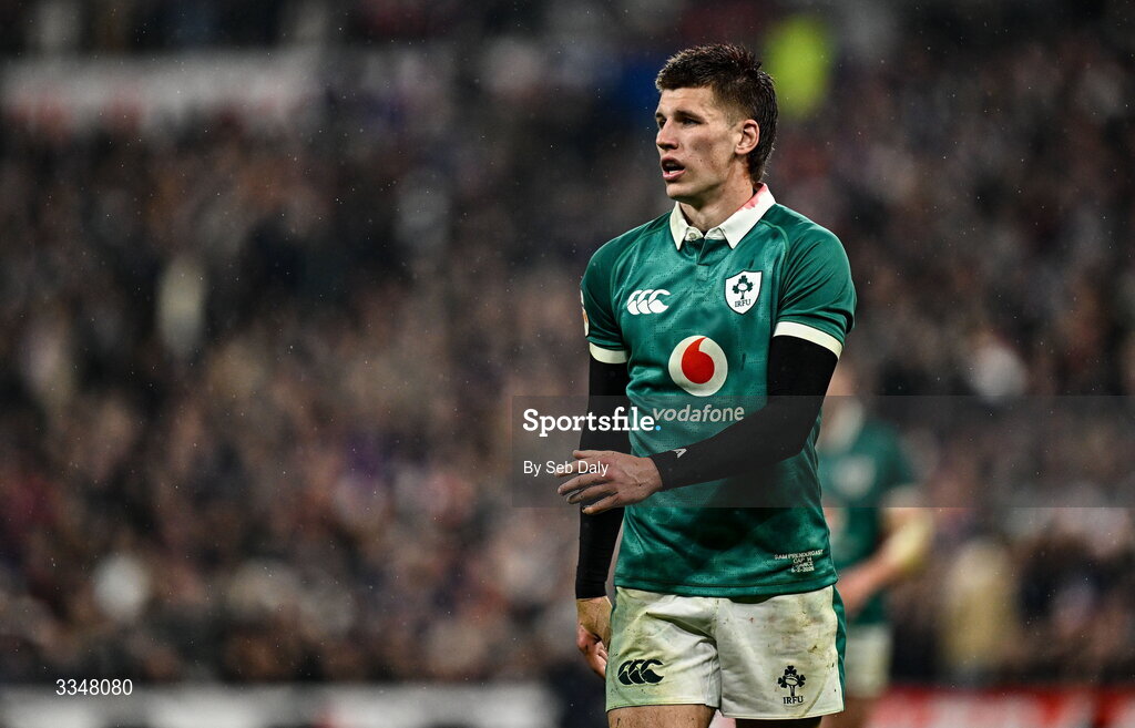 5 February 2026; Sam Prendergast of Ireland during the Guinness 6 Nations Rugby Championship match between France and Ireland at Stade de France in Paris, France. Photo by Seb Daly/Sportsfile