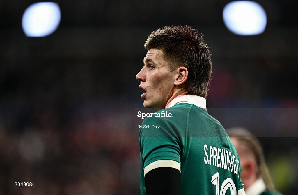 5 February 2026; Sam Prendergast of Ireland during the Guinness 6 Nations Rugby Championship match between France and Ireland at Stade de France in Paris, France. Photo by Seb Daly/Sportsfile