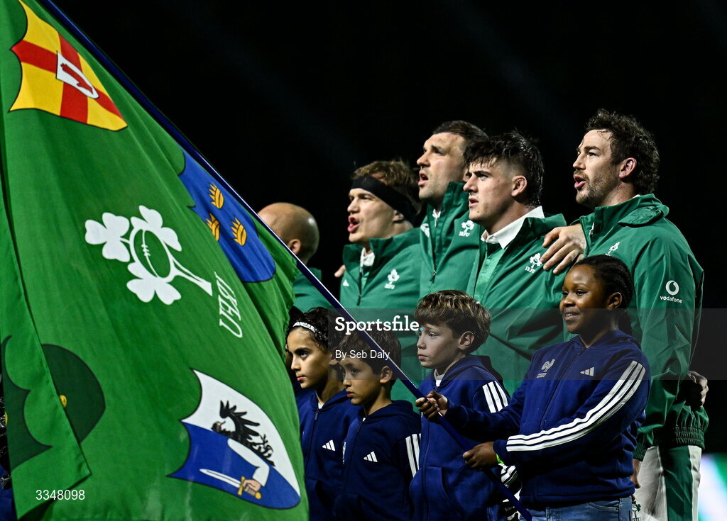 5 February 2026; Ireland captain Caelan Doris, right, and teammates during the anthems before the Guinness 6 Nations Rugby Championship match between France and Ireland at Stade de France in Paris, France. Photo by Seb Daly/Sportsfile