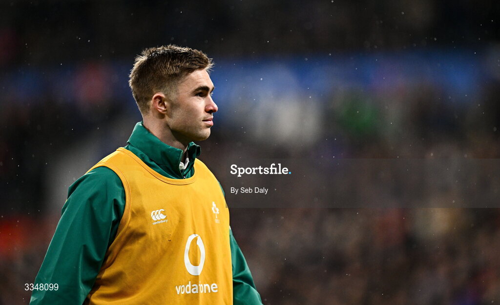 5 February 2026; Jack Crowley of Ireland during the Guinness 6 Nations Rugby Championship match between France and Ireland at Stade de France in Paris, France. Photo by Seb Daly/Sportsfile