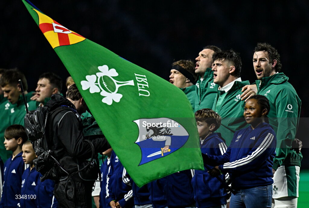 5 February 2026; Ireland captain Caelan Doris, right, and teammates during the anthems before the Guinness 6 Nations Rugby Championship match between France and Ireland at Stade de France in Paris, France. Photo by Seb Daly/Sportsfile