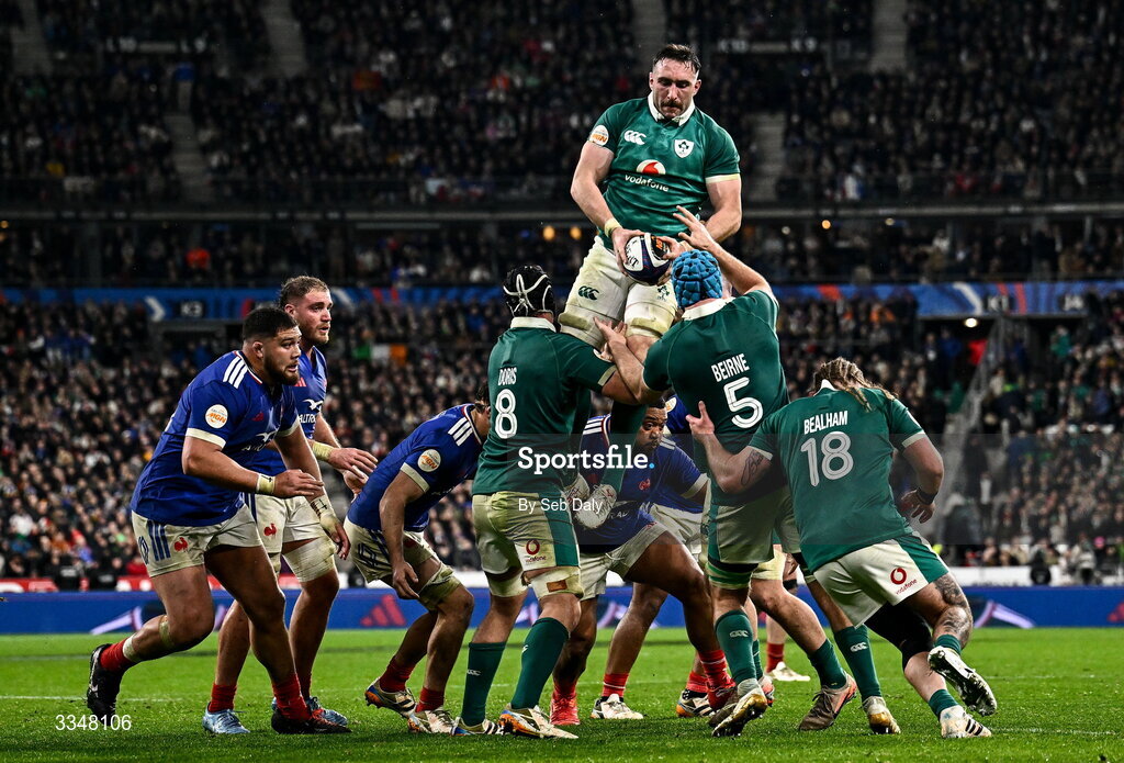 5 February 2026; Jack Conan of Ireland takes possession in a lineout during the Guinness 6 Nations Rugby Championship match between France and Ireland at Stade de France in Paris, France. Photo by Seb Daly/Sportsfile