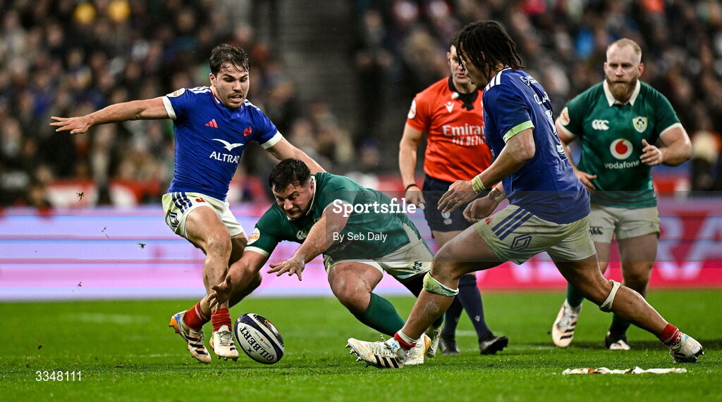 5 February 2026; Thomas Clarkson of Ireland in action against Antoine Dupont of France during the Guinness 6 Nations Rugby Championship match between France and Ireland at Stade de France in Paris, France. Photo by Seb Daly/Sportsfile