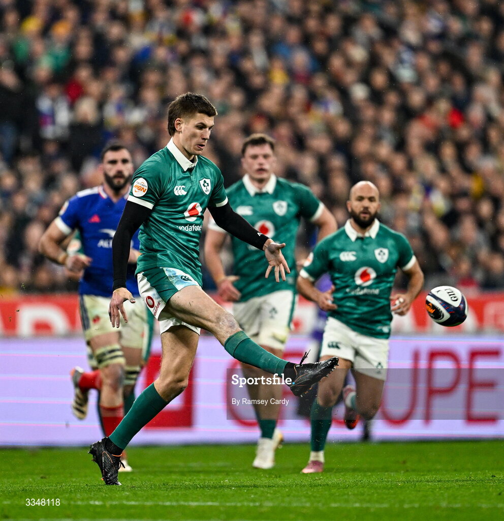 5 February 2026; Sam Prendergast of Ireland during the Guinness 6 Nations Rugby Championship match between France and Ireland at Stade de France in Paris, France. Photo by Ramsey Cardy/Sportsfile
