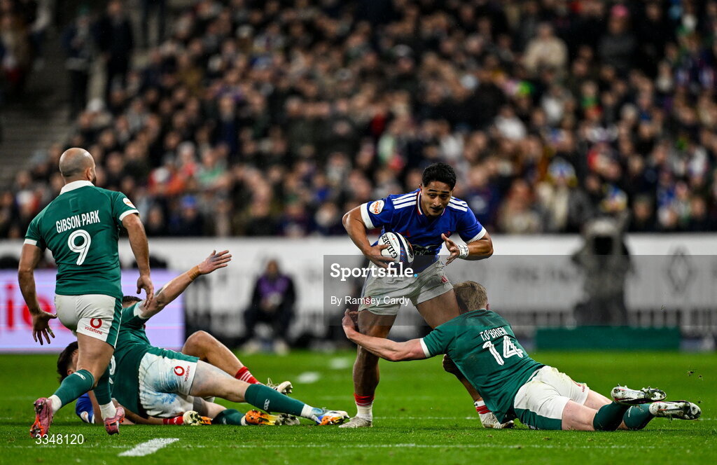 5 February 2026; Yoram Moefana of France is tackled by Tommy O'Brien of Ireland during the Guinness 6 Nations Rugby Championship match between France and Ireland at Stade de France in Paris, France. Photo by Ramsey Cardy/Sportsfile
