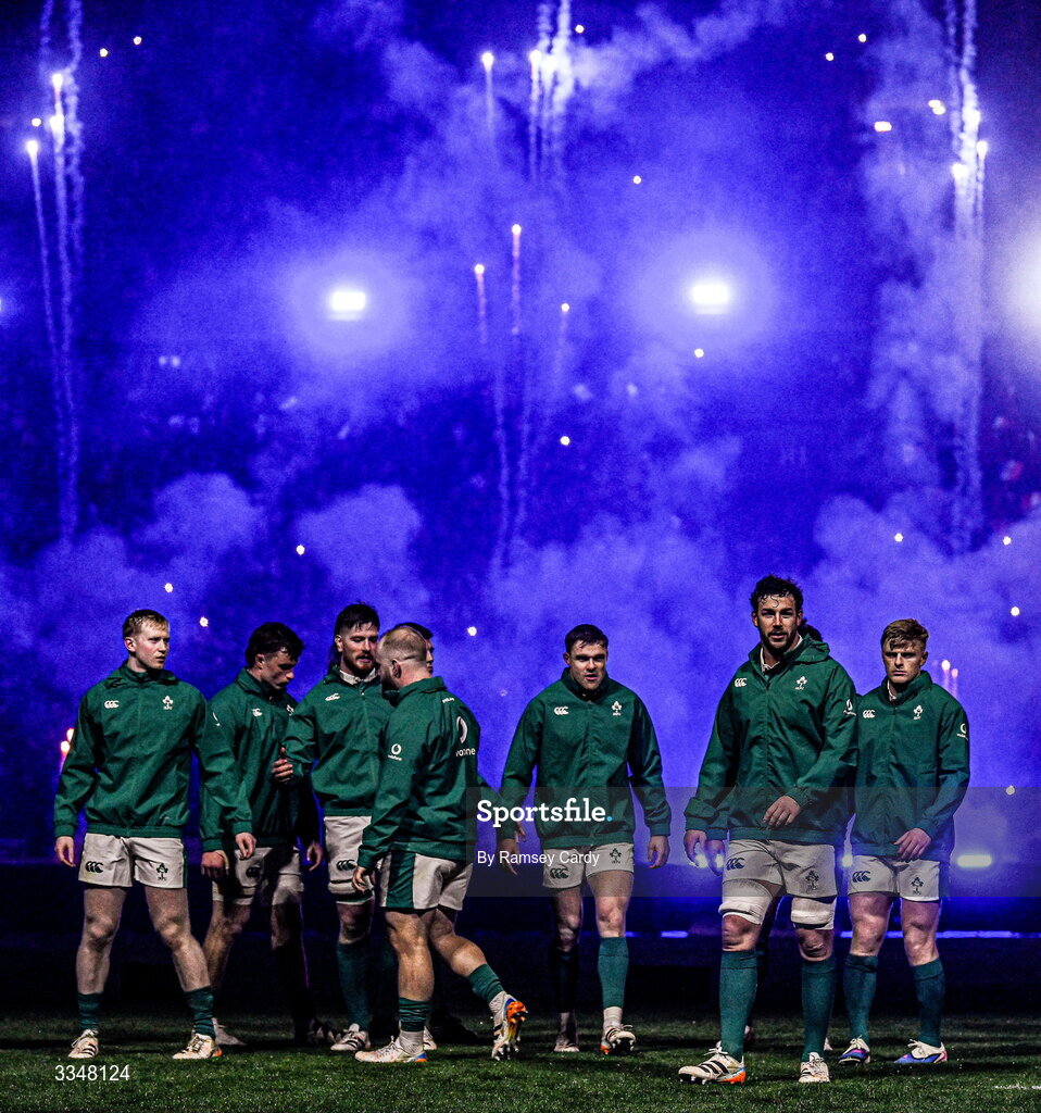 5 February 2026; Caelan Doris of Ireland and teammates before the Guinness 6 Nations Rugby Championship match between France and Ireland at Stade de France in Paris, France. Photo by Ramsey Cardy/Sportsfile