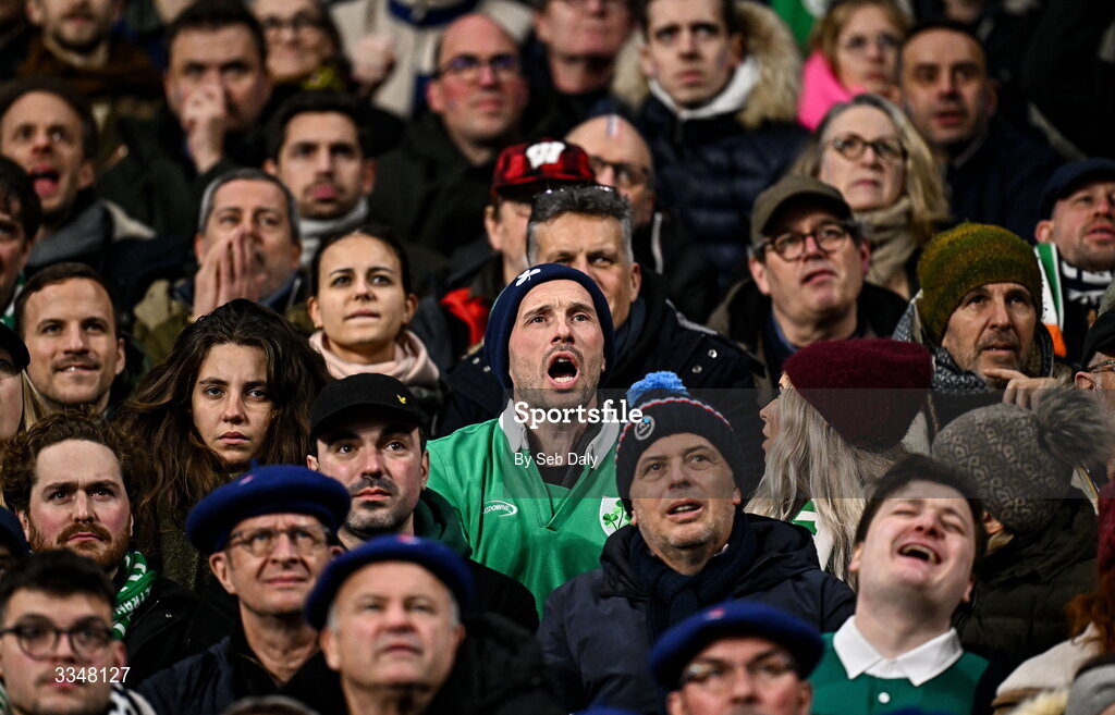 5 February 2026; A Ireland supporter reacts during the Guinness 6 Nations Rugby Championship match between France and Ireland at Stade de France in Paris, France. Photo by Seb Daly/Sportsfile
