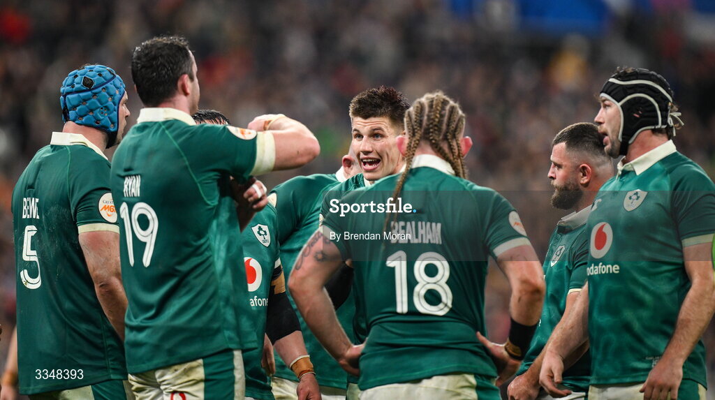 5 February 2026; Sam Prendergast of Ireland speaks to his teammates during the Guinness 6 Nations Rugby Championship match between France and Ireland at Stade de France in Paris, France. Photo by Brendan Moran/Sportsfile