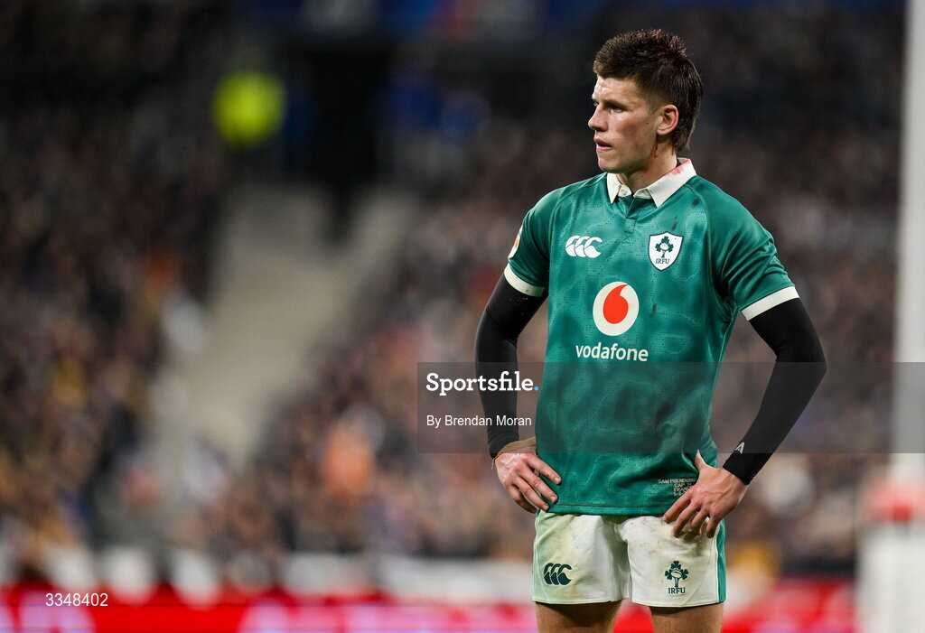 5 February 2026; Sam Prendergast of Ireland during the Guinness 6 Nations Rugby Championship match between France and Ireland at Stade de France in Paris, France. Photo by Brendan Moran/Sportsfile