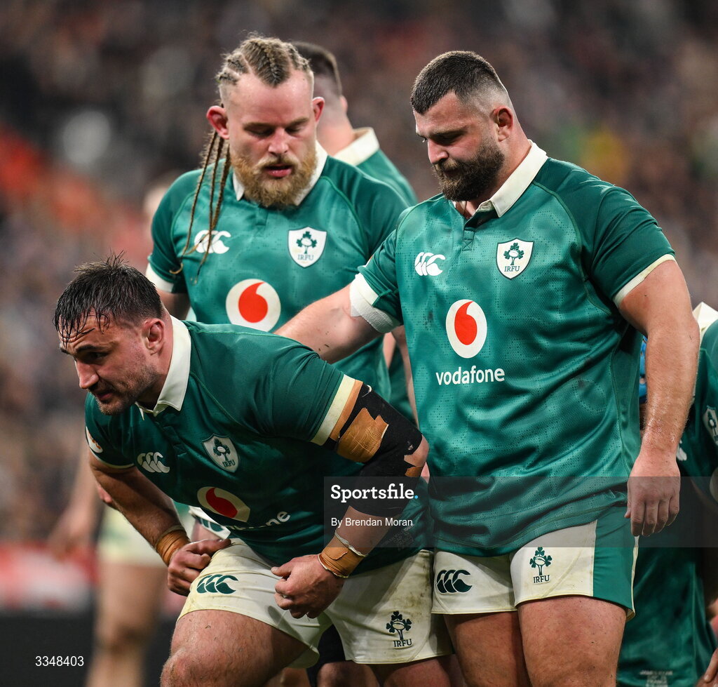 5 February 2026; The Ireland front row, from left, Rónan Kelleher, Finlay Bealham and Michael Milne during the Guinness 6 Nations Rugby Championship match between France and Ireland at Stade de France in Paris, France. Photo by Brendan Moran/Sportsfile