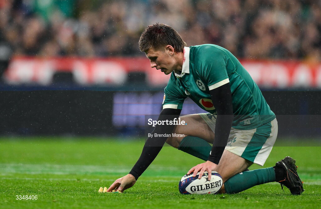 5 February 2026; Sam Prendergast of Ireland during the Guinness 6 Nations Rugby Championship match between France and Ireland at Stade de France in Paris, France. Photo by Brendan Moran/Sportsfile