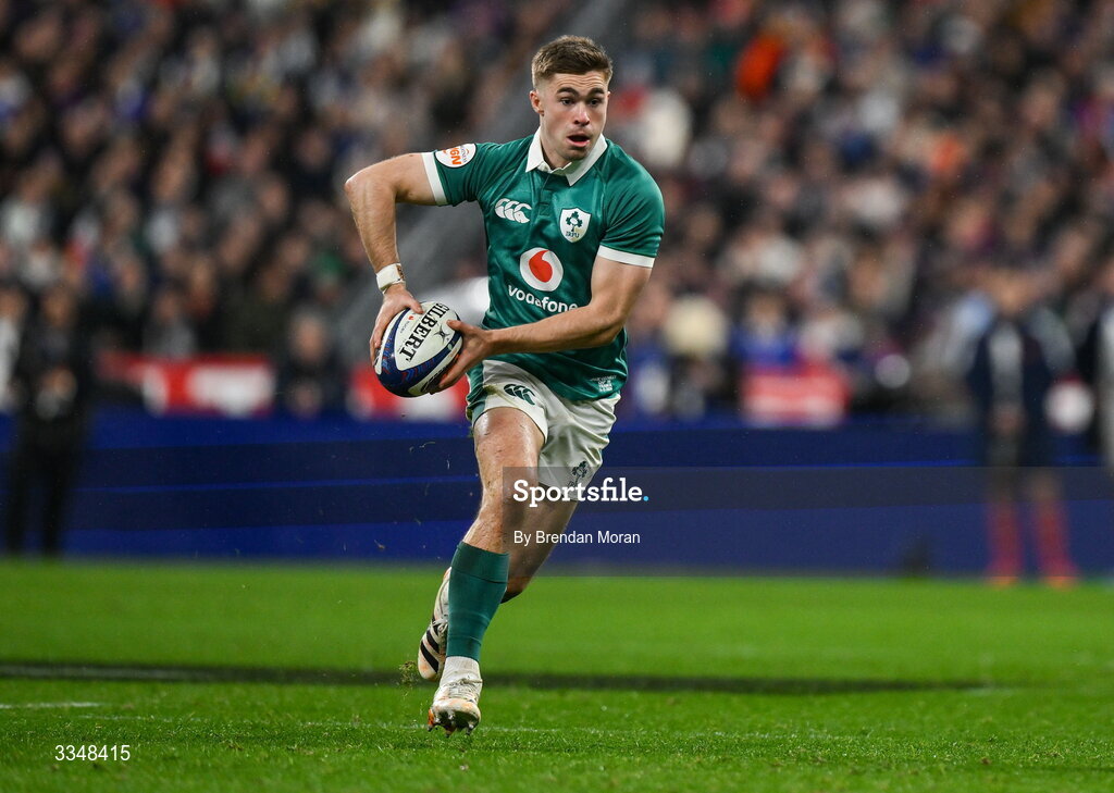 5 February 2026; Jack Crowley of Ireland during the Guinness 6 Nations Rugby Championship match between France and Ireland at Stade de France in Paris, France. Photo by Brendan Moran/Sportsfile