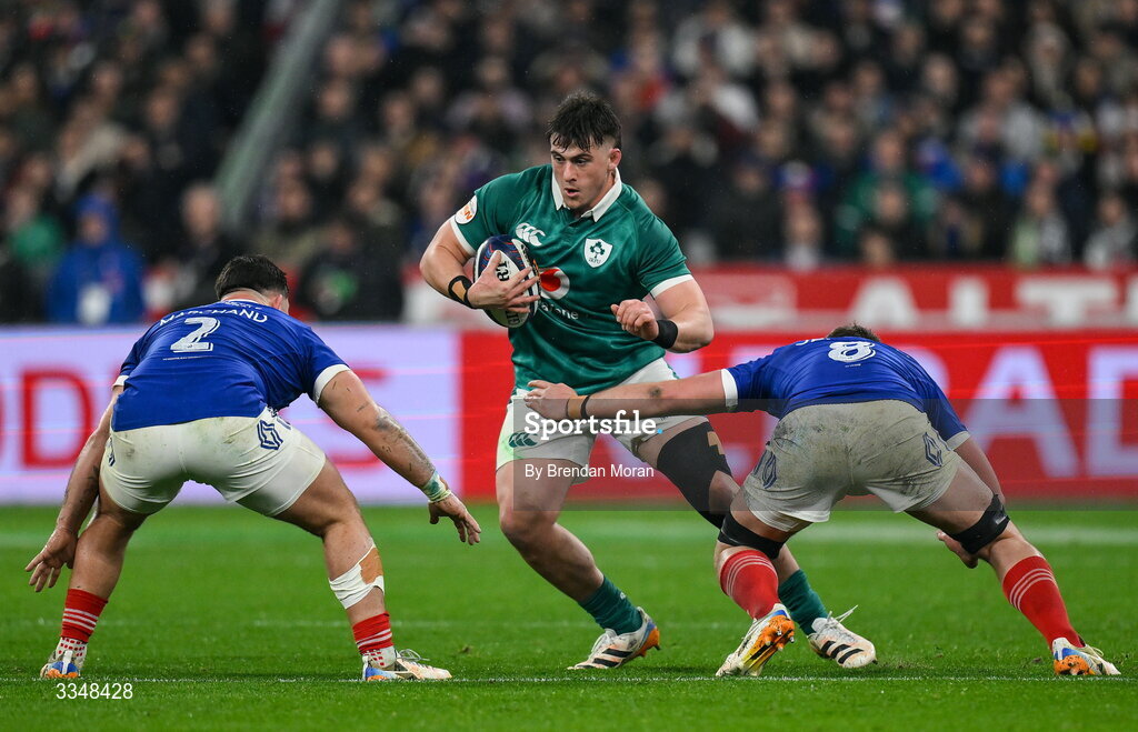 5 February 2026; Dan Sheehan of Ireland in action against Julien Marchand and Anthony Jelonch of France during the Guinness 6 Nations Rugby Championship match between France and Ireland at Stade de France in Paris, France. Photo by Brendan Moran/Sportsfile