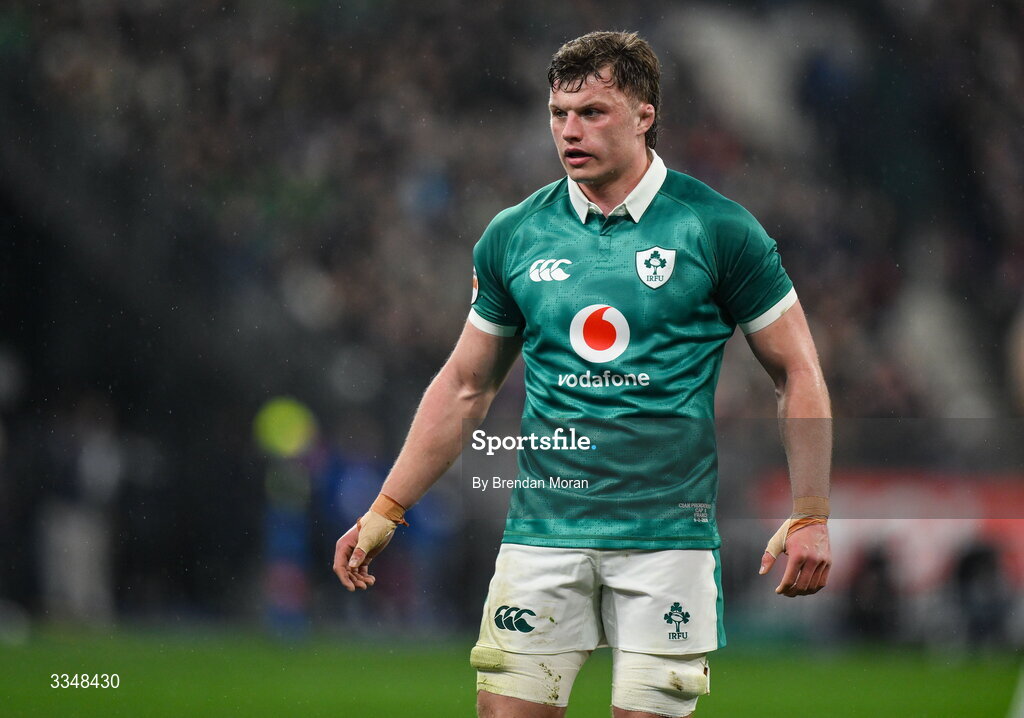 5 February 2026; Cian Prendergast of Ireland during the Guinness 6 Nations Rugby Championship match between France and Ireland at Stade de France in Paris, France. Photo by Brendan Moran/Sportsfile