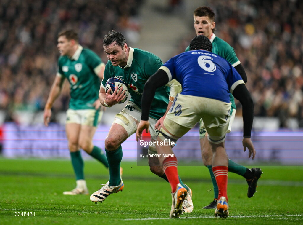 5 February 2026; James Ryan of Ireland in action against François Cros of France during the Guinness 6 Nations Rugby Championship match between France and Ireland at Stade de France in Paris, France. Photo by Brendan Moran/Sportsfile