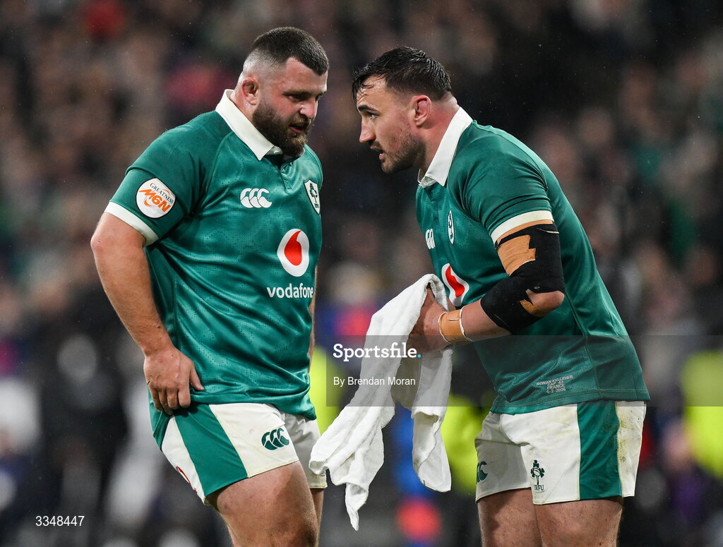 5 February 2026; Michael Milne, left, and Rónan Kelleher of Ireland during the Guinness 6 Nations Rugby Championship match between France and Ireland at Stade de France in Paris, France. Photo by Brendan Moran/Sportsfile