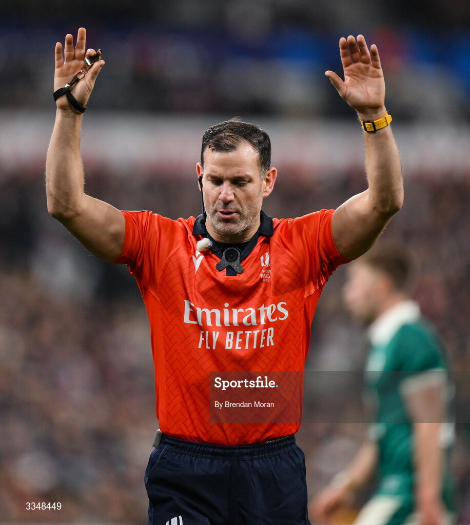 5 February 2026; Referee Karl Dickson during the Guinness 6 Nations Rugby Championship match between France and Ireland at Stade de France in Paris, France. Photo by Brendan Moran/Sportsfile