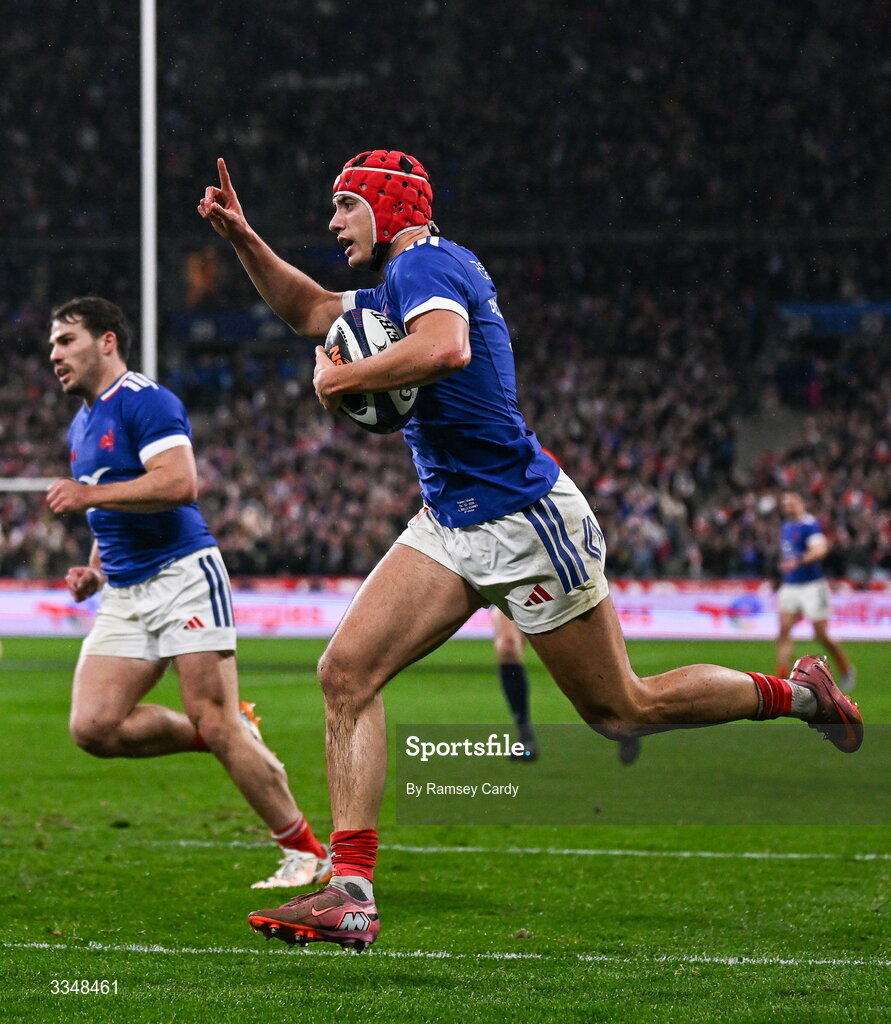 5 February 2026; Louis Bielle-Biarrey of France celebrates on his way to scoring his side's first try during the Guinness 6 Nations Rugby Championship match between France and Ireland at Stade de France in Paris, France. Photo by Ramsey Cardy/Sportsfile