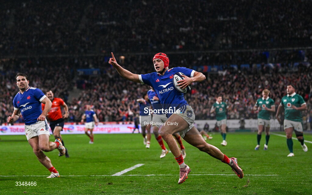 5 February 2026; Louis Bielle-Biarrey of France celebrates on his way to scoring his side's first try during the Guinness 6 Nations Rugby Championship match between France and Ireland at Stade de France in Paris, France. Photo by Ramsey Cardy/Sportsfile