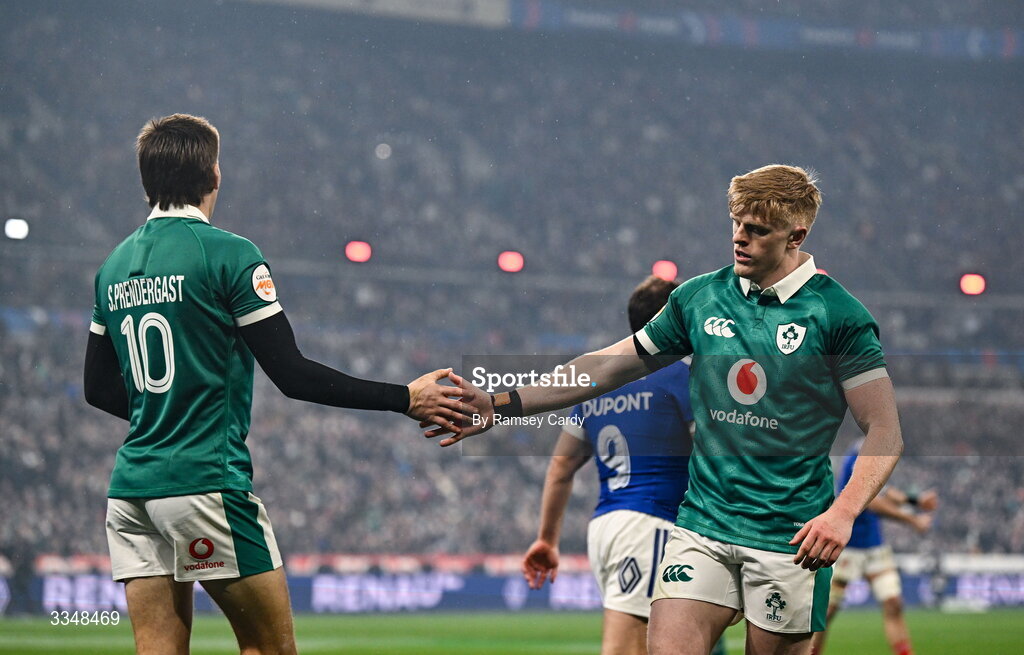 5 February 2026; Tommy O'Brien, right, and Sam Prendergast of Ireland during the Guinness 6 Nations Rugby Championship match between France and Ireland at Stade de France in Paris, France. Photo by Ramsey Cardy/Sportsfile