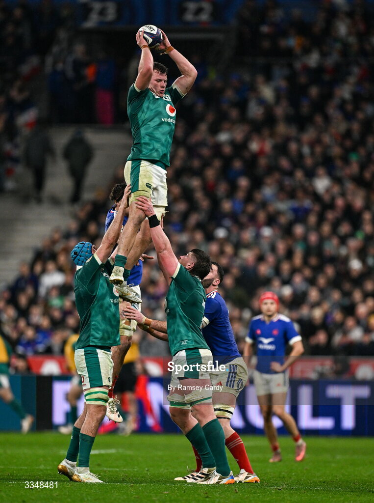 5 February 2026; Cian Prendergast of Ireland wins possession in the lineout during the Guinness 6 Nations Rugby Championship match between France and Ireland at Stade de France in Paris, France. Photo by Ramsey Cardy/Sportsfile