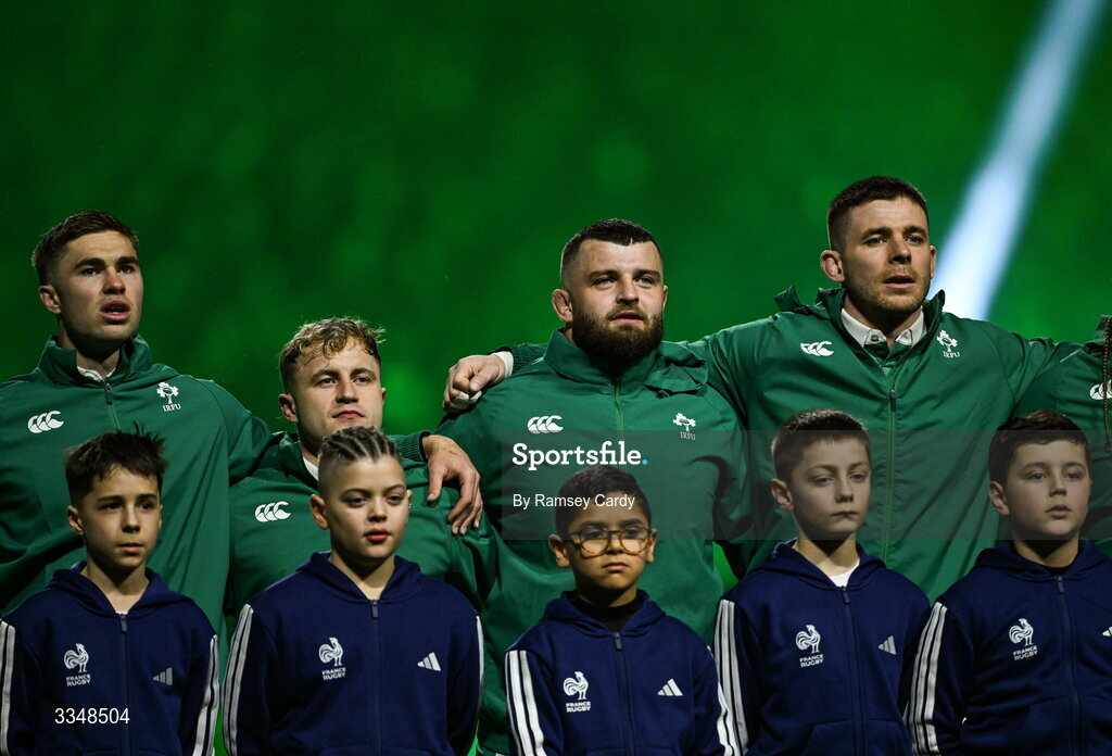 5 February 2026; Ireland players, from left, Jack Crowley, Craig Casey, Michael Milne and Nick Timoney before the Guinness 6 Nations Rugby Championship match between France and Ireland at Stade de France in Paris, France. Photo by Ramsey Cardy/Sportsfile