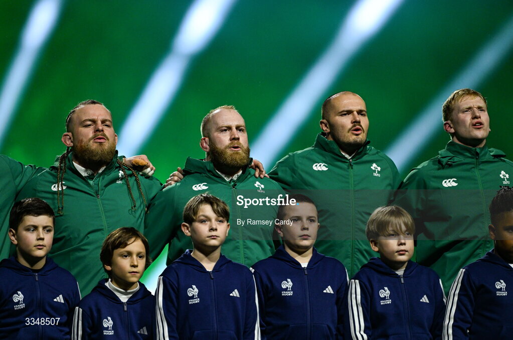 5 February 2026; Ireland players, from left, Finlay Bealham, Jeremy Loughman, Jacob Stockdale and Jamie Osborne before the Guinness 6 Nations Rugby Championship match between France and Ireland at Stade de France in Paris, France. Photo by Ramsey Cardy/Sportsfile