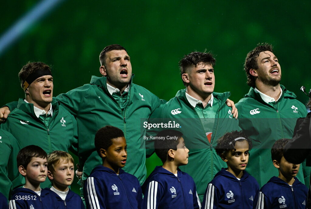 5 February 2026; Ireland players, from left, Josh van der Flier, Tadhg Beirne, Dan Sheehan and Caelan Doris before the Guinness 6 Nations Rugby Championship match between France and Ireland at Stade de France in Paris, France. Photo by Ramsey Cardy/Sportsfile