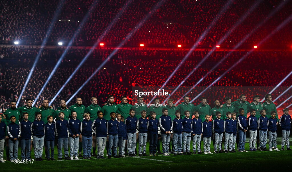 5 February 2026; The Ireland team before the Guinness 6 Nations Rugby Championship match between France and Ireland at Stade de France in Paris, France. Photo by Ramsey Cardy/Sportsfile