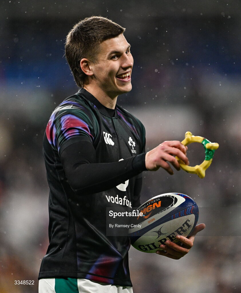 5 February 2026; Sam Prendergast of Ireland before the Guinness 6 Nations Rugby Championship match between France and Ireland at Stade de France in Paris, France. Photo by Ramsey Cardy/Sportsfile