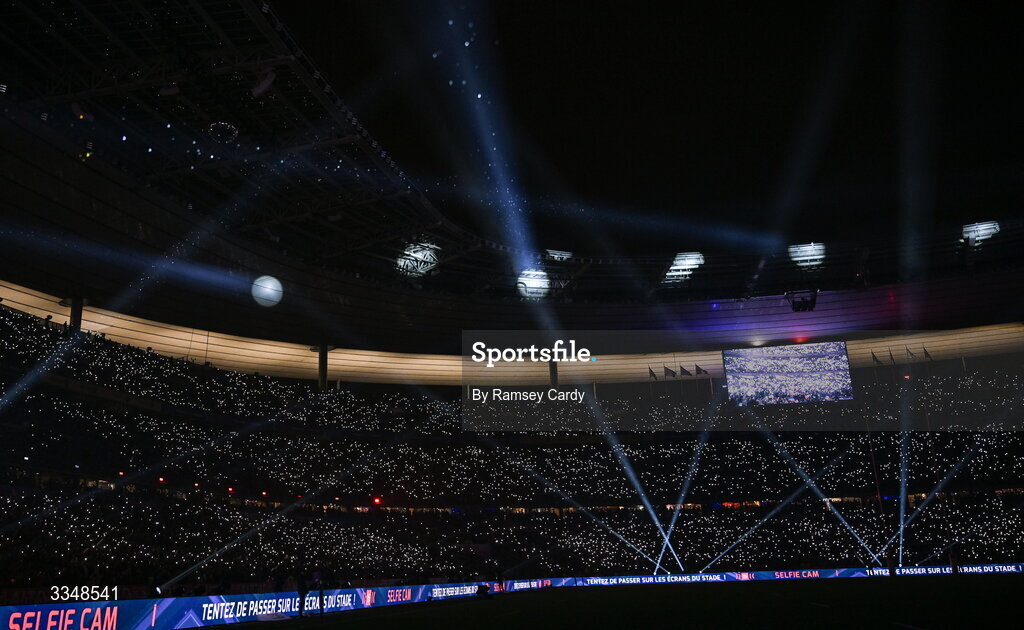 5 February 2026; A general view of the half-time light show during the Guinness 6 Nations Rugby Championship match between France and Ireland at Stade de France in Paris, France. Photo by Ramsey Cardy/Sportsfile