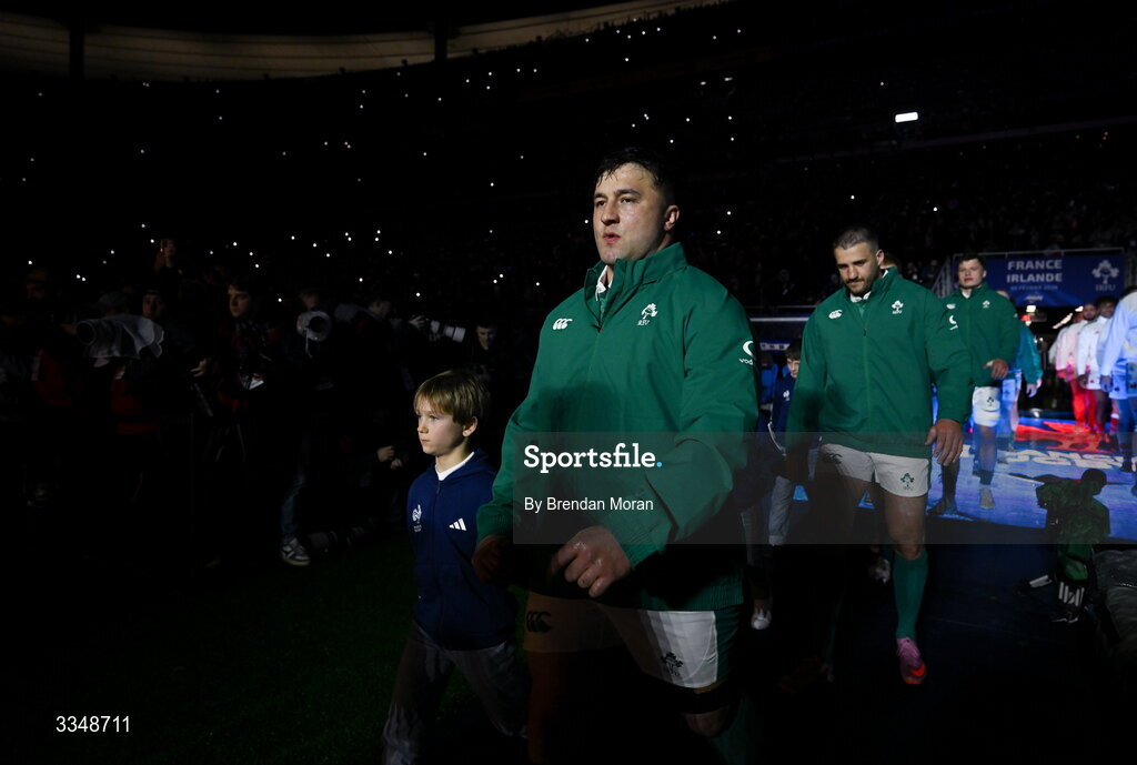 5 February 2026; Thomas Clarkson of Ireland walks onto the pitch before the Guinness 6 Nations Rugby Championship match between France and Ireland at Stade de France in Paris, France. Photo by Brendan Moran/Sportsfile